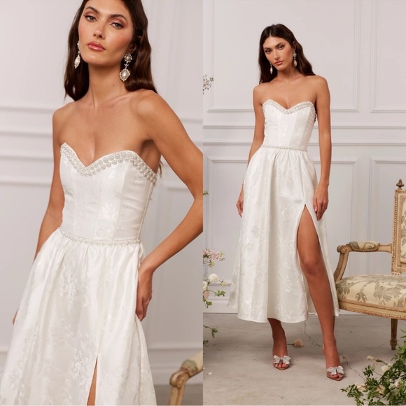 NEW NWT V. Chapman Lucia Strapless Pearl-Embellished A Line Midi Dress White - Picture 5 of 12